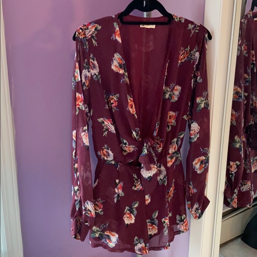 Long open sleeve tie front floral romper